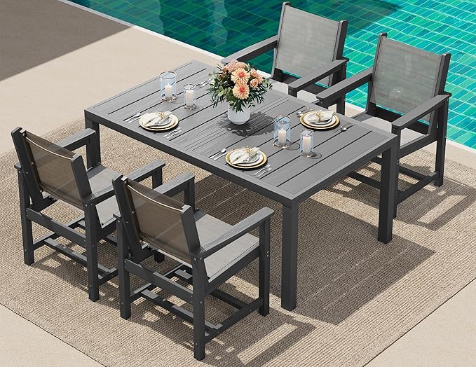 SERWALL 5-Piece Outdoor Table and Chairs, 60" - 83" Expandable Outdoor Dining Table with 4 Breathable Textilene Chairs, All Weather HDPE Patio Furniture Set for Backyard, Garden, Grey