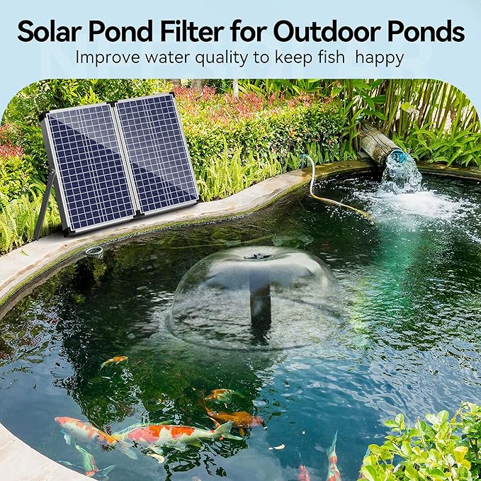 NFESOLAR Pond Filter Fountain with 70W Solar Panel, 660 GPH Water Pump, 10 FT Extension Cord, Solar Fountain Pump with Pond Filter Box Outdoor for Koi Ponds Water Feature Waterfall Pool