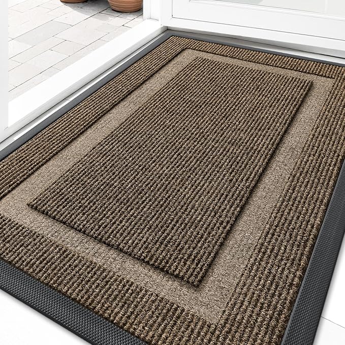 OLANLY Front Door Mat Indoor Outdoor Entrance, Waterproof All-Season, All-Weather Doormat, Sturdy Natural Rubber, Fade Resistant, Low Profile, Easy Clean Patio Porch Entryway Mat, 71x34, Brown