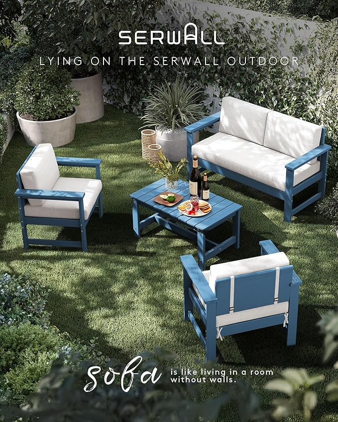 SERWALL 8 Pieces HDPE Outdoor Conversation Sofa Set with Cushions, All Weather Use Couch Loveseat Furniture with Side Table for Balcony, Deck, Poolside, Blue Frame with Khaki Cushions