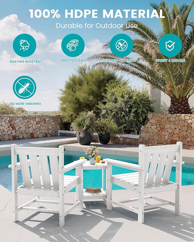 SEWRWALL 3 Pieces Patio Bistro Set, All Weather Adirondack Chair Set with Side Table, HDPE Material Outdoor Patio Furniture Set for Balcony, Porch, Garden, Backyard- White