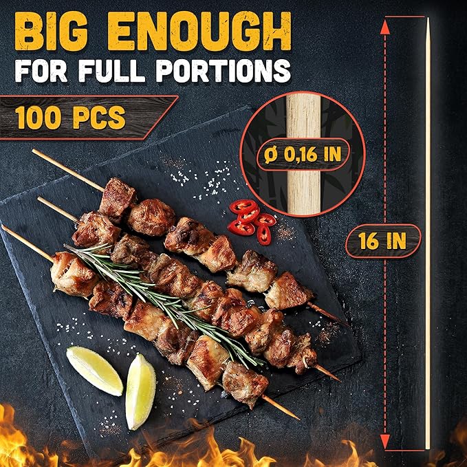 100 Pcs 16" Bamboo Skewers - Long Bamboo Sticks for Flower Bouquet | Smores Sticks 4 mm Diameter - Splinter-Free & Polished Marshmallow Skewers for Grilling Meat, Vegetables, Kabobs, Hot Dogs, Fruit
