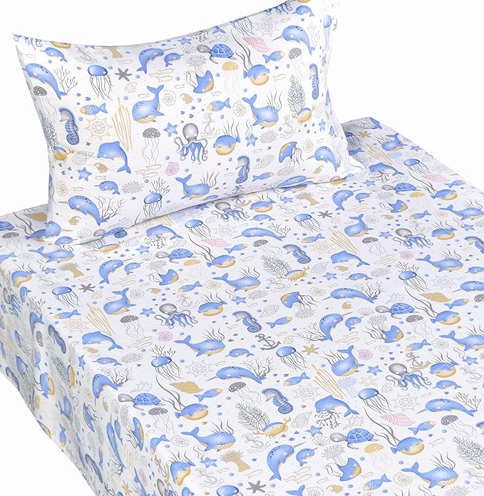 Scientific Sleep Sea Animals Dolphin Whale Octopus Jellyfish Cute Fun 100% Cotton Cozy Twin Bed Sheet Set, Flat Sheet & Fitted Sheet & Pillowcase Natural Bedding Set (Blue Whale, Twin)