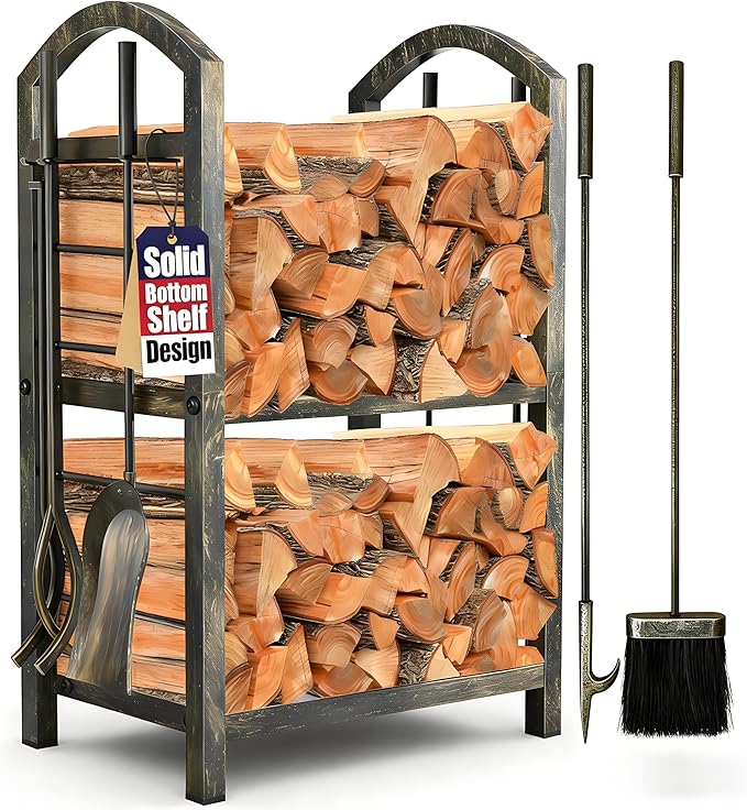 AMAGABELI GARDEN & HOME Firewood Rack Indoor with Tools 5-Piece Fireplace Tools Set Wood Holder Outdoor Wrought Iron Log Holder Firewood Storage Rack for Fireplace,Fire Pit,Wood Stove Bronze