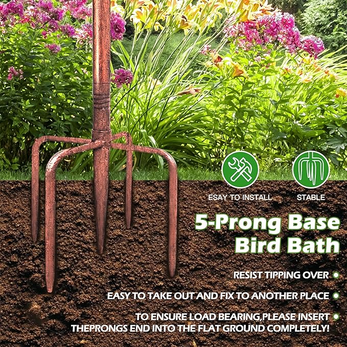 Metal Bird Baths for Outside, Birdbaths for Outdoors with Deep Bowl, 5 Prong Stake Large Capacity Hummingbird Freestanding Birdfeeders Patio Garden Yard Lawn Decor Bird Feeders Bowls-13x13x35