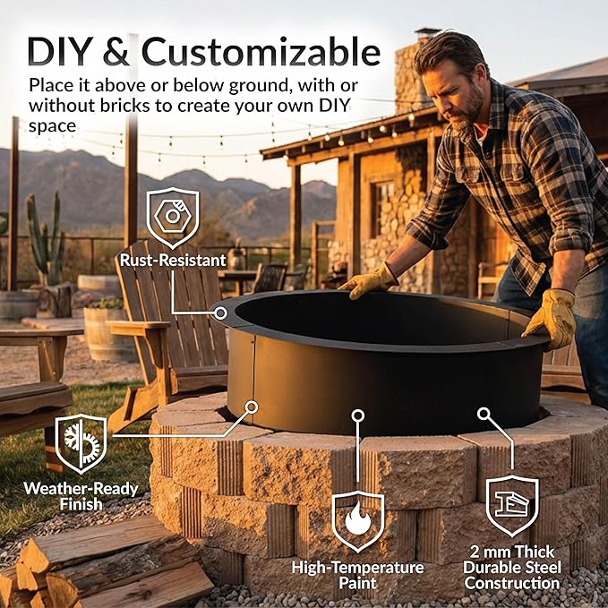 Sunnydaze Outdoor Fire Pit Ring - Heavy-Duty Round Steel Fire Ring Insert - DIY Above or In-Ground - 33-Inch Outer/27-Inch Inner Diameter