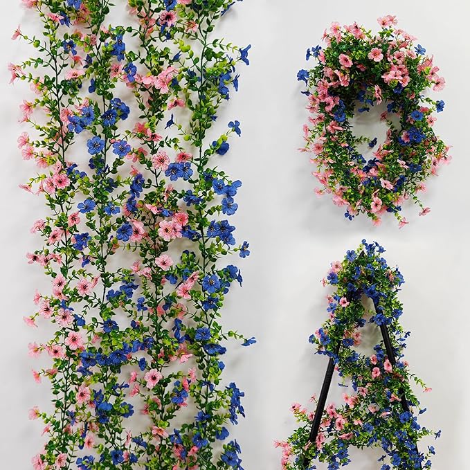 4 Pcs Faux Flowers Garland Plant, Artificial Vines Hanging Flowers Leaves Greenery Garland for Wedding Backdrop Arch Wall Decor, 6 Feet/pcs UV Resistant Indoor Outdoor