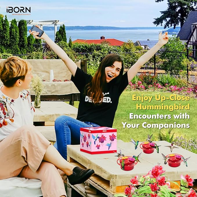 iBorn Handheld Hummingbird Feeders for Outdoors, Hummingbird Hand Feeder 3OZ Mini Bird Feeders for Outdoors, 3 Bee Guard Feeding Ports, Silicone Flower, Red (Set of 2)