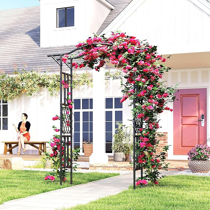 Outsunny Garden Arch, 7.5ft PE-Coated Steel Garden Arch Trellis for Climbing Plants, Arbour Archway with Extended Top for Wedding Ceremony Garden Backyard Lawn Patio, Black