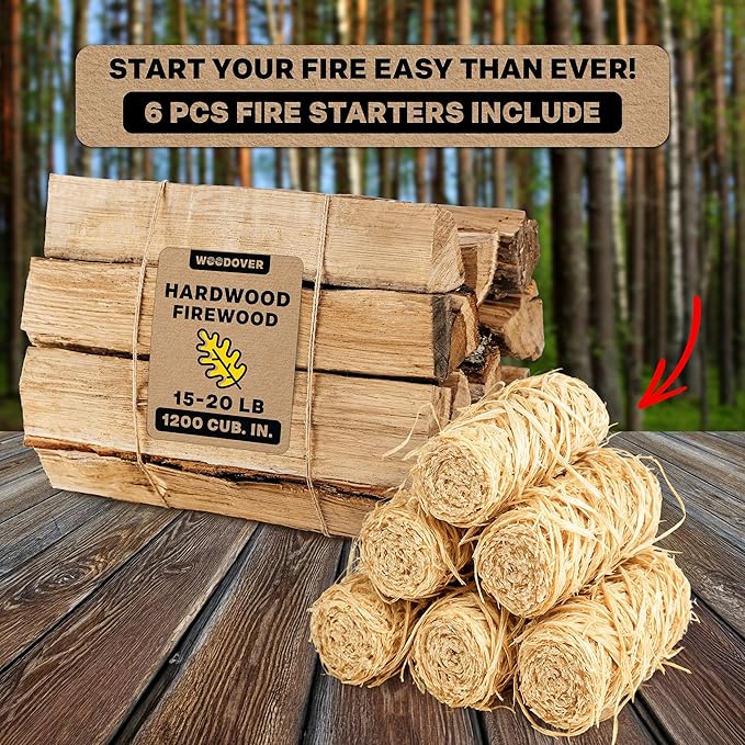 15" Oak Firewood Logs, with Fire Starters Set, Kiln-Dried Wood for Fire Pit, Seasoned Logs for Fireplace, Campfire, Firewood Bundle, Pizza Oven, Split Wood for Solo Stove, 1200 cub. in., 15-20lb