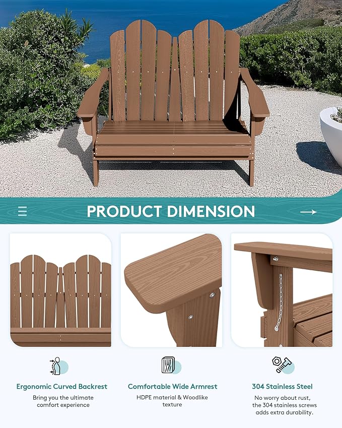 SERWALL 4 Pieces HDPE Patio Adirondack Chair Set, 2 Adirondack Chair with Cup Holder & 1 Adirondack Bench & 1 Coffee Table with Umbrella Hole, Brown
