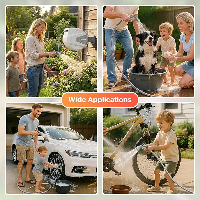 Ayleid Retractable Garden Hose Reel,1/2 in x 65 ft Wall Mounted Hose Reel, with 9- Function Sprayer Nozzle, Any Length Lock/Slow Return System/Wall Mounted/180°Swivel Bracket (Gray)