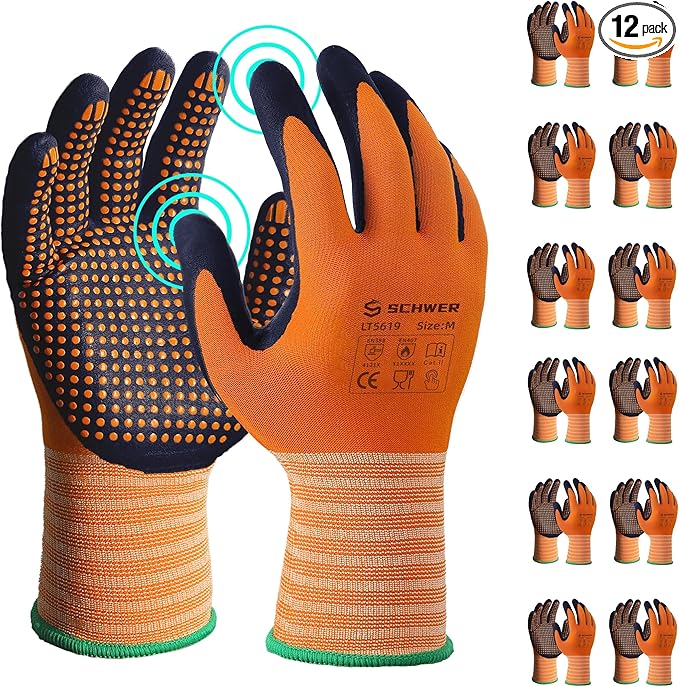 Schwer 12 Pairs LT5619 Work Gloves Micro-Foam Nitrile Coated, Level 4 Abrasion Resistant Nylon Working Gloves with Micro Dot Grip for Men Women, Touchscreen, for Automotive Electronic Assembly, Medium