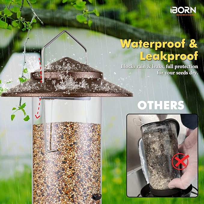iBorn Bird Feeder Metal Squirrel Chew-Proof Bird Feeders for Outdoors Hanging Outside for Cardinal, Holds 1.5LB Seed with 3 Perchs, Brushed Coffee (Seed is not Included)