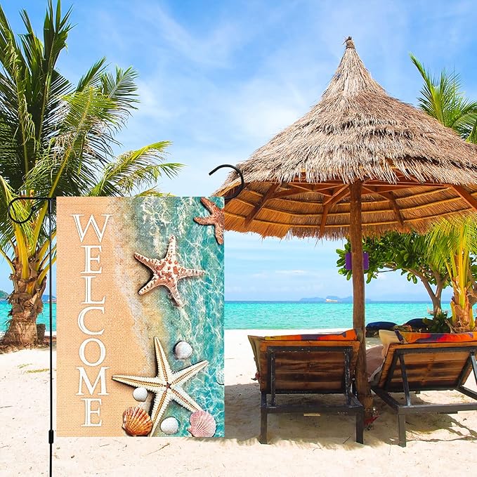 Louise Maelys Welcome Spring Summer Beach Garden Flag for Outside 12x18 Double Sided Vertical, Burlap Small Summer Starfish and Seashell Lake Garden Yard House Flags Seasonal Summer Outdoor Decoration