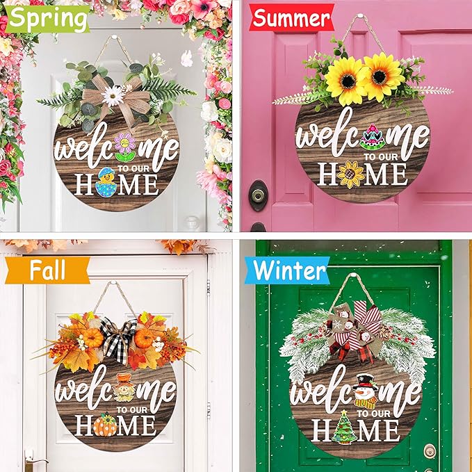 Interchangeable Welcome Sign for Front Door with 4 Seasonal Wreaths and 21 Changeable Icons, Farmhouse Rustic Outdoor Welcome Signs Porch, Holiday Spring Summer Winter Fall Decorations for Home Gifts