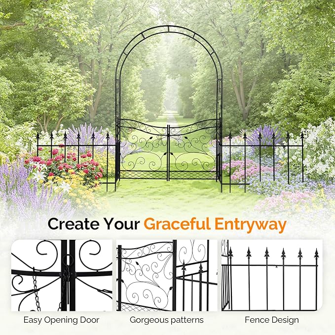 VINGLI Garden Arbor Arch, Wedding Arch Archway for Ceremony Party, Trellis for Plant Climbing, Christmas Decorations Pergola for Backyard, Lawn, Patio, Yard (Arbor with Gate and Fence)