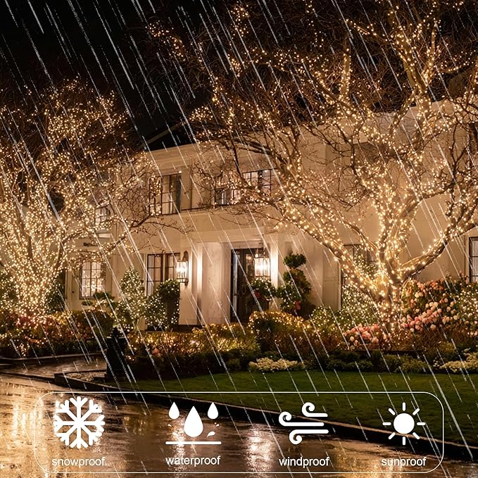 Christmas String Lights Outdoor, 196 FT 600 LED String Lights with 8 Lighting Modes Timer, Waterproof Christmas Decorations for Party Yard Garden Tree Wedding Holiday, Warm White