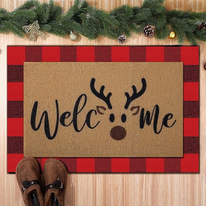 Tinideya 2 Pcs Christmas Door Mat Brown Elk Welcome Non Slip Coir Mats Merry Xmas Black Red Buffalo Plaid Floor Layering Doormats Seasonal for Front Porch Entryway Decor(Brown Elk)