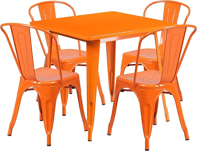 EMMA + OLIVER Commercial 31.5" Square Orange Metal Indoor-Outdoor Table Set-4 Stack Chairs