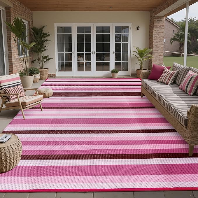 HUGEAR Outdoor Waterproof Rug 9'x12' Plastic Straw Rugs Washable Reversible Floor Mat Pink Stripe Carpet for Camping RV Deck Entryance Porch Picnic Balcony Beach Backyard