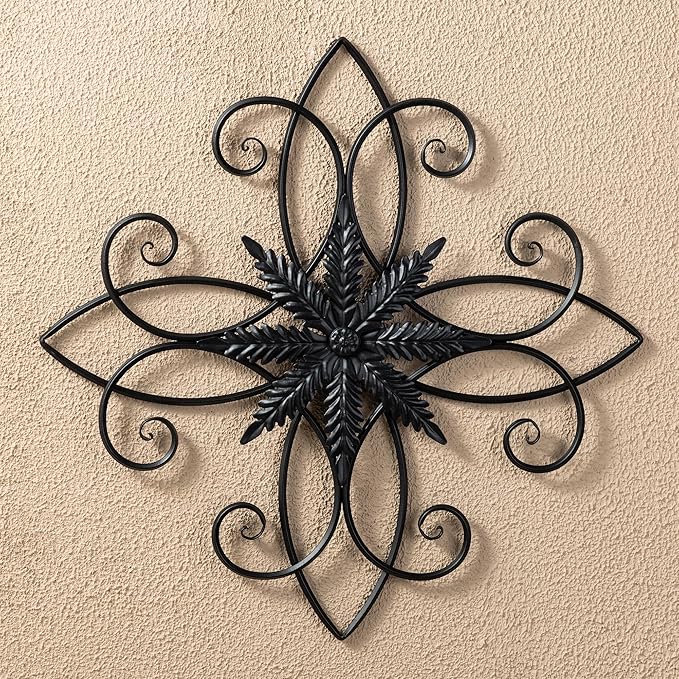 Glitzhome Black Metal Wall Art Decor, 20 Inch Iron Wall Decor with Clematis Scroll Pattern, Indoor Outdoor Wall Accent for Garden Porch Patio