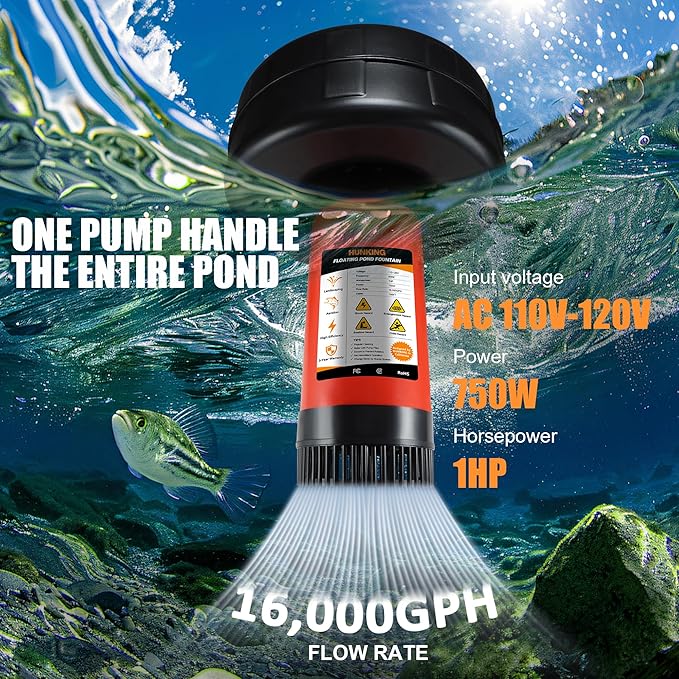 H1 Pond Fountain Aerator 750W 1HP - 16000 GPH Floating Aerating Pump with Timer, 110V-120V/100FT Power Cord/2 Nozzles Outdoor Water Circulation Jet System for Large Ponds, Lakes, Water Gardens