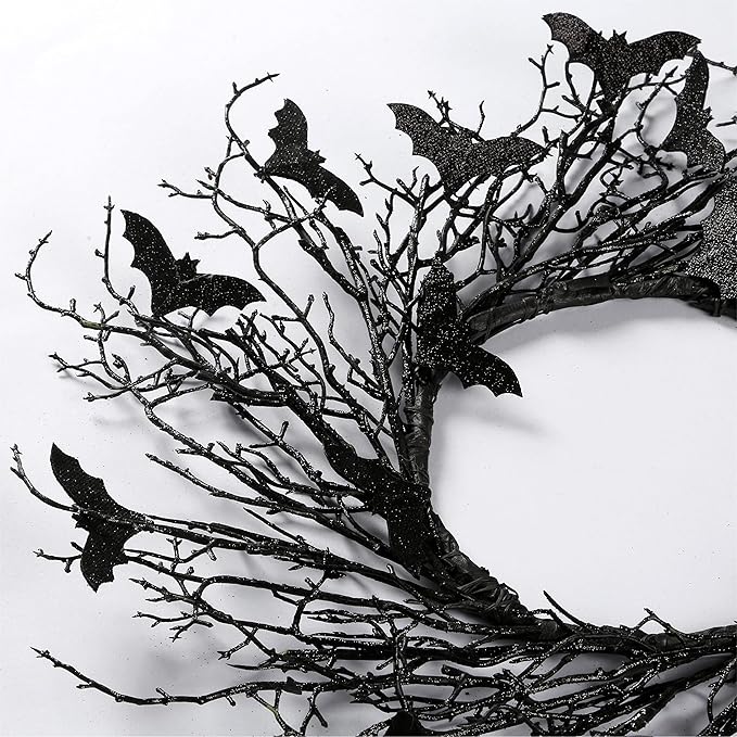 Sggvecsy 17.7"Artificial Black Twig Wreath with Glitter Bats - Handmade Sparkling Hanging Decorations for Front Door, Indoor/Outdoor Halloween Party
