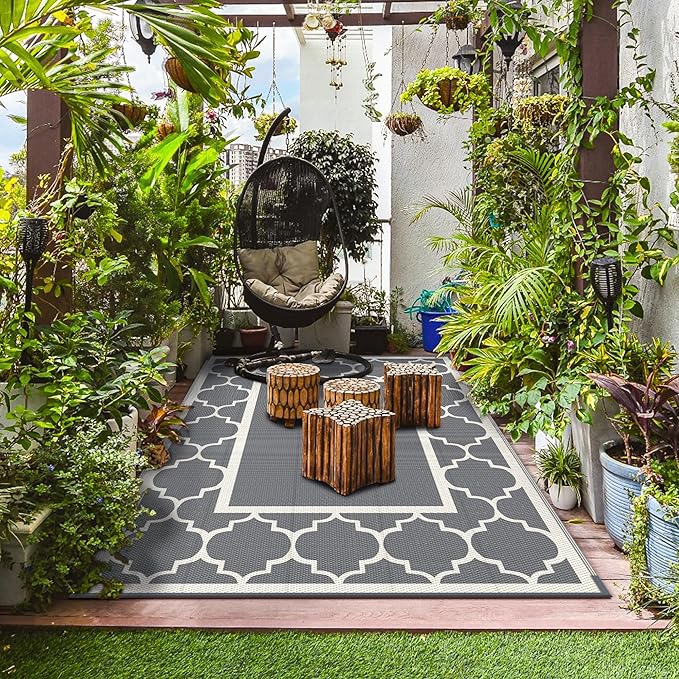 GENIMO 8 ' x 10 ' Outdoor Rug for Patio, Waterproof Indoor Outdoor Plastic Straw Rugs Carpet, Reversible Outside Area Mat for Camping, Balcony Porch, Deck, Picnic, Beach Grey & Beige White