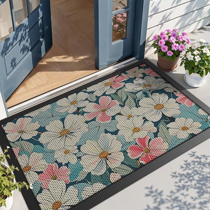 LUMI Outside Door Mat 32x47, Non Slip Rubber Backing Doormat, Low Profile Easy Clean Entrance Mats for Front Back Door Entryway Porch Garage, Bloom Flower