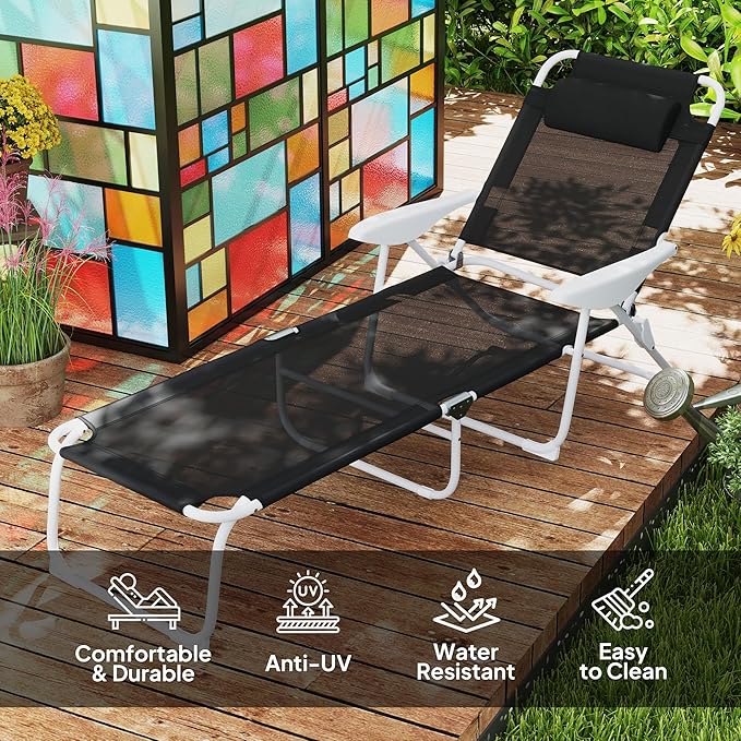 Outsunny Folding Lounge Chair, Portable Outdoor Chaise Lounge, Sun Tanning Chair with 4-Position Reclining Back, Armrests, Metal Frame and Mesh Fabric for Beach, Yard, Patio, Black
