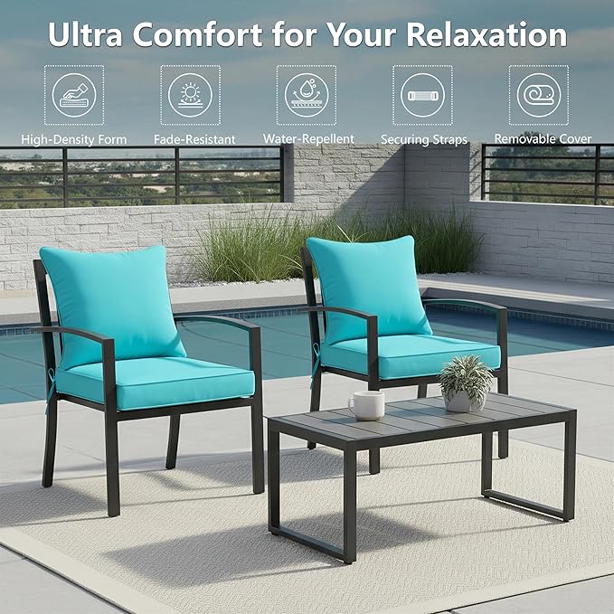 19x19 Inch Patio Chair Cushions Set of 2, Outdoor Furniture Cushions - Removable Cover, Water-Repellent, Fade-Resistant, Non-Slip Bottom & Straps, Replacement for Lawn, Porch & Deck Chair - Teal