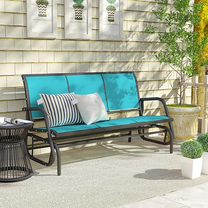 Outsunny 3-Person Patio Glider Bench, Outdoor Porch Glider Swing with 3 Seats, Breathable Mesh Fabric, Metal Frame, Blue