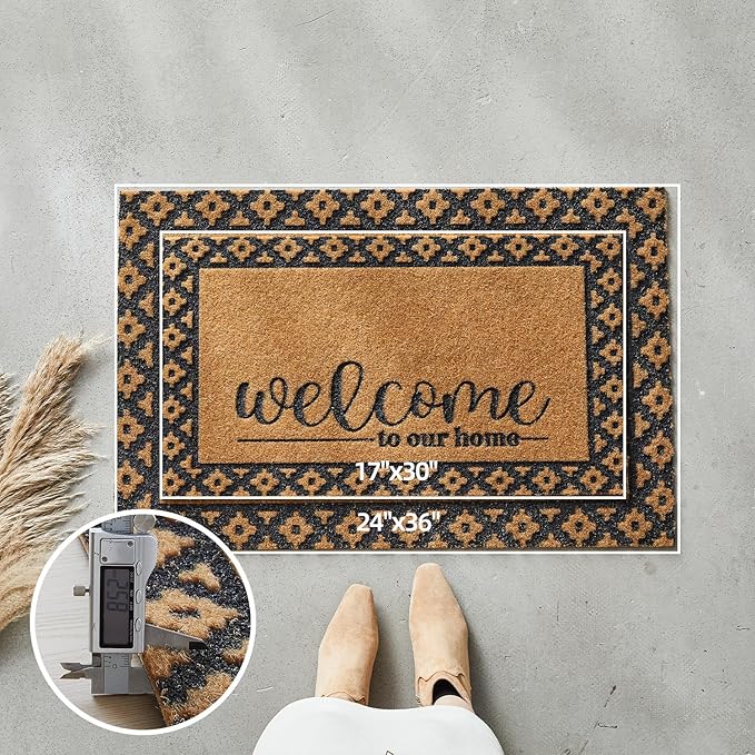 Welcome Mat Front Door Mat Indoor Outside Entrance, Heavy Duty Dirt Trapper Coir Doormat with Non Slip Backing Entryway Rug for Front Back Door, 17x30, Brown