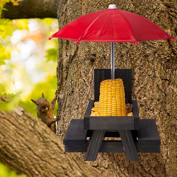 Squirrel Feeder Picnic Table, Squirrel Feeders for Outside with Umbrella and Flag, Black Wood Squirrel Feeder with Corn Cob Holder Cute Chipmunk Feeder for Yard and Porch Decoration