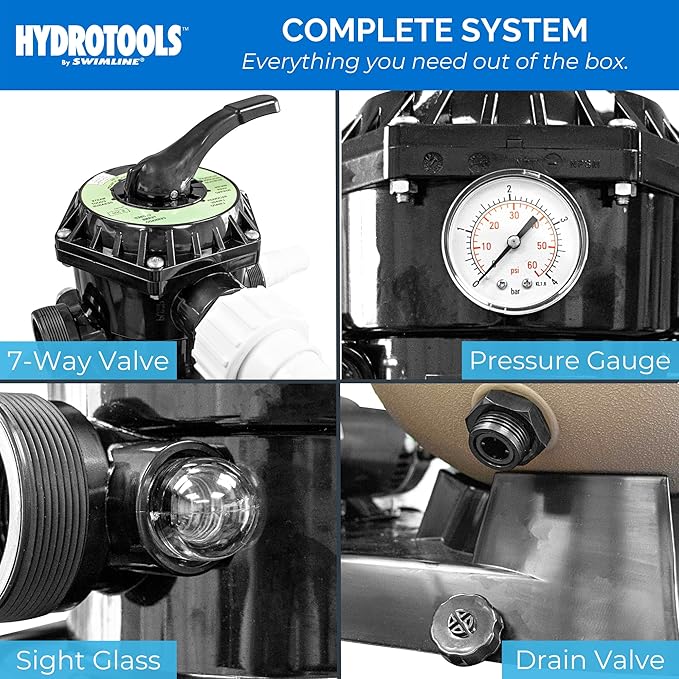 SWIMLINE HYDROTOOLS Pool Sand Filter Pump For Above Ground & Inground Pool | 24 Inch Cleaner System 1.5 HP (1.2 THP) Horsepower 4980 GPH | For Pools Up To 22000 Gallons Compatible 7 Way Valve 72420
