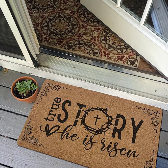 Christian Easter Door Mat Doormat, He is Risen Bible Verse Welcome Front Door Mat Indoor Outdoor Entrance, Religious Easter Artificial Coir Doormats Rugs for Porch Entryway Decor 30x17in