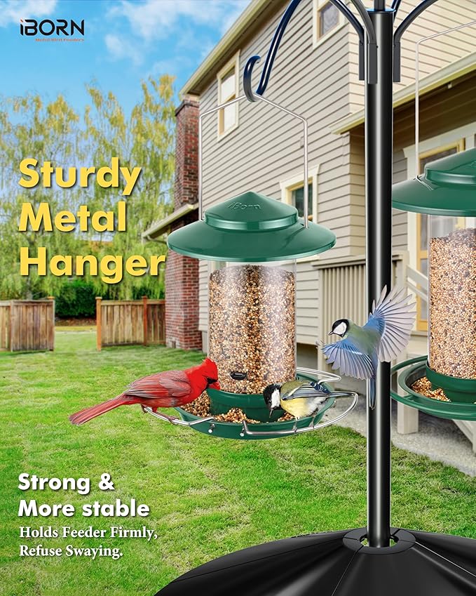 iBorn Bird Feeder Metal Squirrel Chew-Proof Bird Feeders for Outdoors Hanging for Cardinal Outside, Holds 1.5LB Seed with 3 Perchs, Green (Seed is not Included)
