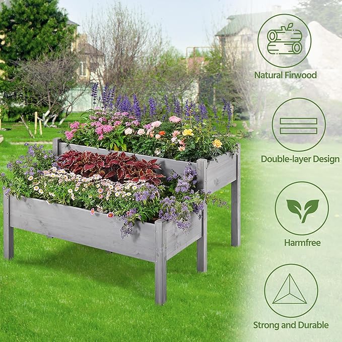 Yaheetech 47x41x30in Wooden Raised Garden Bed Horticulture Outdoor 2 Tiers Elevated Planter Grow Box for Herb with Legs & Drainage Holes, Gray