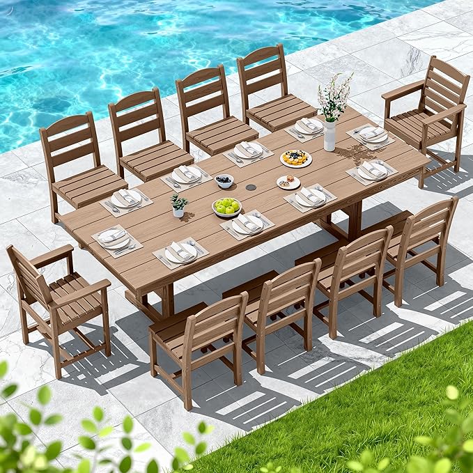 SERWALL 11 Piece Outdoor Dining Set, 84" HDPE Outdoor Table and Chairs for 10，All Weather Patio Furniture Set with Umbrella Hole for Backyard, Garden, Brown