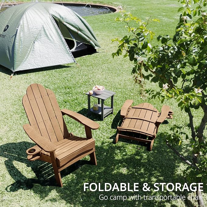 LUE BONA Folding Adirondack Chair Set of 2, Brown HDPS Weather Resistant Outdoor Chair with Cup Holder for Fire Pit Backyard Porch