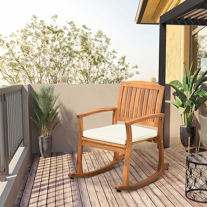 Outsunny Outdoor Rocking Chair with Cushion, Acacia Wood Patio Rocker for Backyard, Patio, Home, Teak Tone
