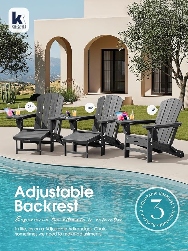 KINGYES Folding Adjustable Adirondack Chair with Ottoman & 2 Cup Holders Set of 2, HDPE Adirondack Recliner Chair with Footrest, Grey