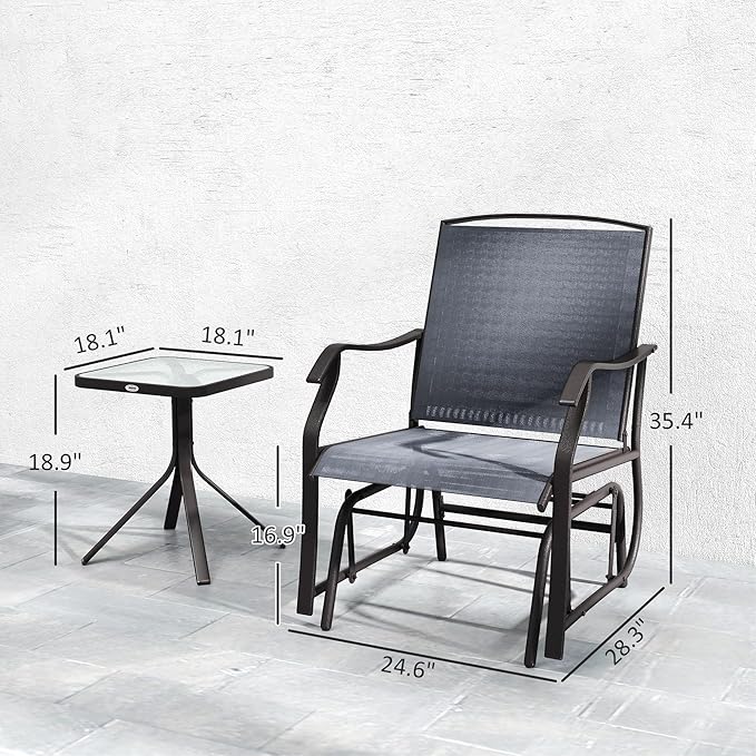 Outsunny 3 Piece Outdoor Glider Chair with Coffee Table Bistro Set, 2 Patio Rocking Swing Chairs with Breathable Sling Fabric, Glass Tabletop, for Backyard, Garden and Porch, Gray