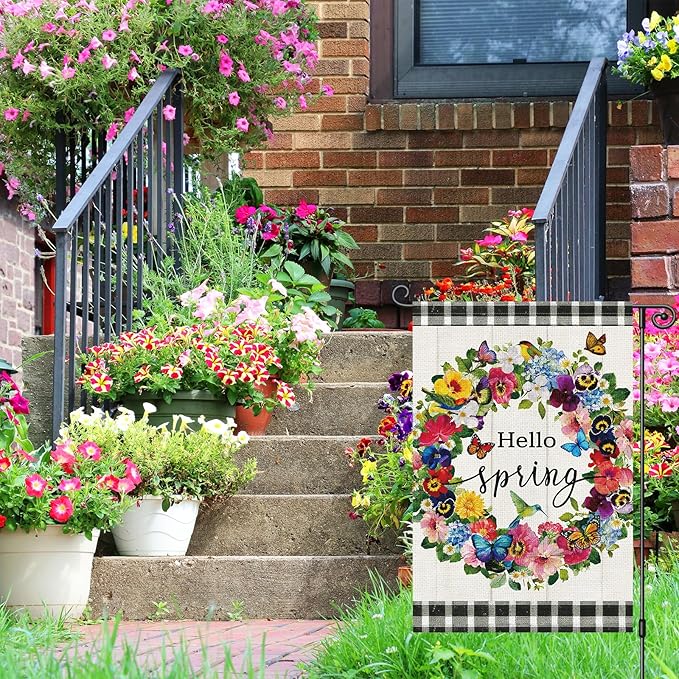 Louise Maelys Hello Spring Garden Flag Pansy Flower Butterfly Double Sided 12x18 Inch Floral Plaid Seasonal Welcome Small Burlap Holiday Yard Sign Outdoor Outside Home Decor