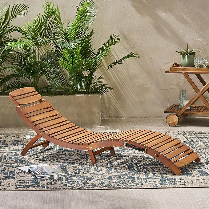 Christopher Knight Home Viola Outdoor Chaise Lounge Chair, Patio Acacia Wood Chaise Lounge Outdoor, Foldable Single Lounge Sofa, Poolside Beach Yard Seating, Curved and Slatted Design, Brown