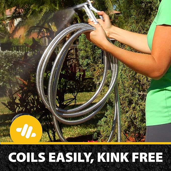 BIONIC STEEL 10Ft Metal Garden Hose with Sprayer Nozzle,NonKinking Designed Stainless Steel Heavy Duty Water Hose 100Ftx5/8".Flexible NON Expandable for Uninterrupted Water Flow,500 PSI(Pack of 2)