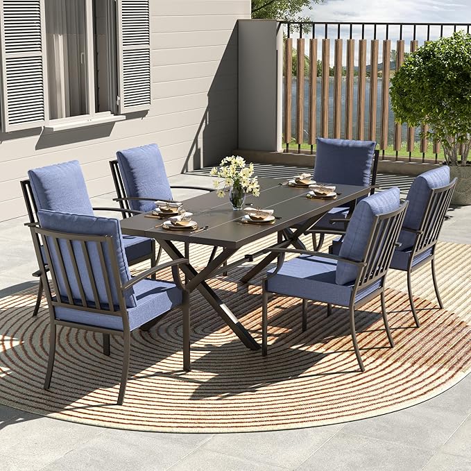 Kullavik 7 PCS Outdoor Dining Table Set for 6,Fence Pattern Back Chairs,Iron Longboard X-Leg Table w/Parasol Hole,Patio Furniture Set for Backyard,Garden,Poolside-Navy Blue