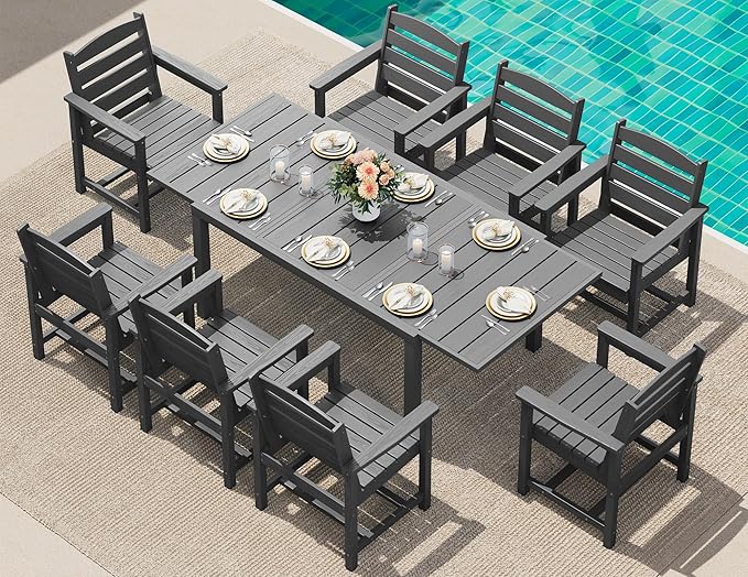 SERWALL 9-Piece Outdoor Dining Set, 60" - 83" Expandable Outdoor Dining Table and 8 HDPE Chairs, All Weather HDPE Outdoor Furniture Set for Backyard, Garden, Grey