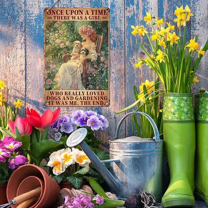PEACHGARDEN Garden Decor Vintage Metal Sign A Girl Who Really Loved Dogs and Gardening Yard Art Wall Decor for Outdoor Garden Yard Patio 8x12inch
